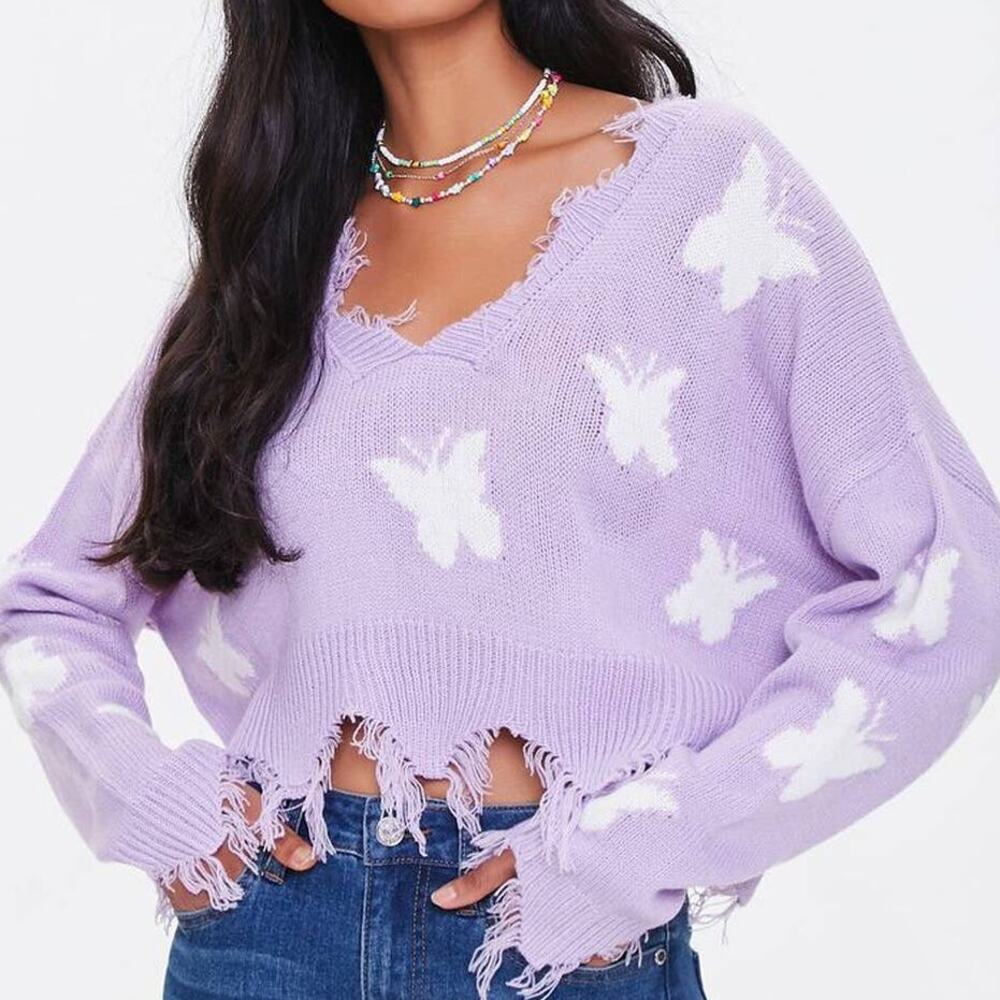 Just Polly New York Womens Butterfly Knitted Purple Frayed Sweater Medium NEW